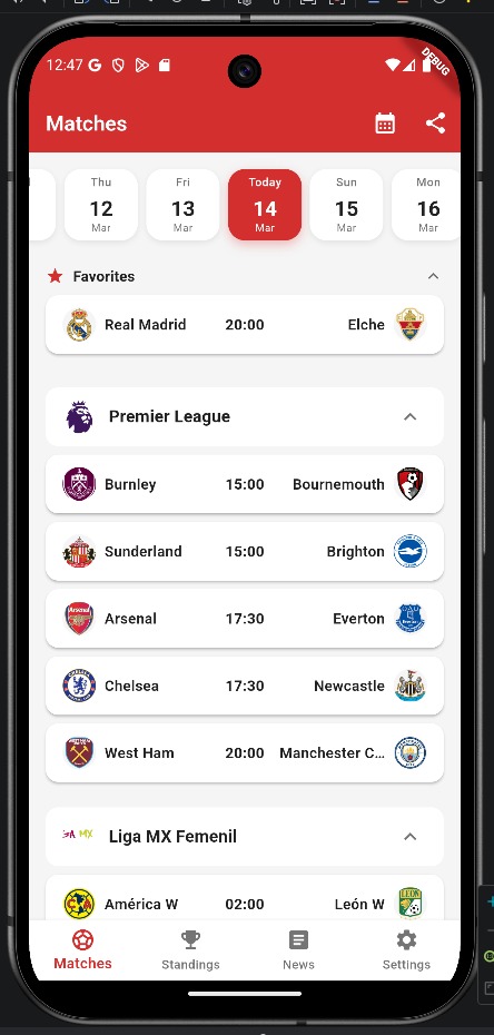 واجهة الدوري الإنجليزي داخل التطبيق